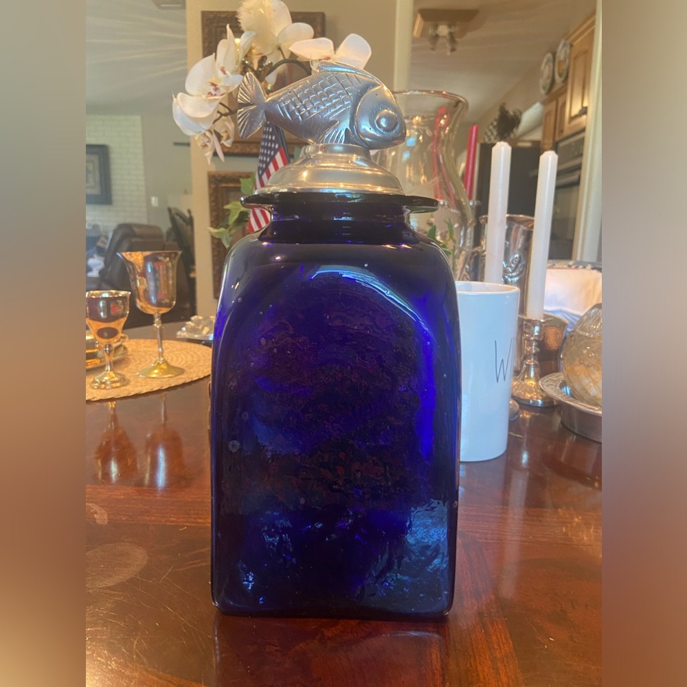 Cobalt Blue Bubble Glass with Pewter Fish